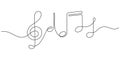 Music note and treble clef, continuous one art line drawing. Music concept. Hand drawn doodle sketch. Vector Royalty Free Stock Photo