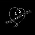 Music note wave with headphones in heart shape. Vector white on black t-shirt or poster design. Royalty Free Stock Photo