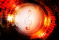 Music notes and clef in space with stars. abstract color background. Music concept. Copy space. Royalty Free Stock Photo