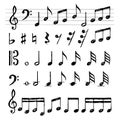 Music notes collection. Treble clef sound black symbols piano keys stave f sharp vector pictures
