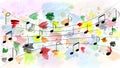 Music Notes in Colorful Watercolor Spatters and Splashes Background Royalty Free Stock Photo