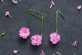 Music notes with flowers and stems on a dark stone background. Musical summer abstraction top view Royalty Free Stock Photo