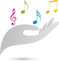 Music notes and hand, music and sound logo