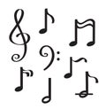 Music Notes hand drawn collection.Set of music notes. Black silhouette, isolated on white background. Vector illustration Royalty Free Stock Photo