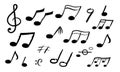 Music notes. Hand drawn sound symbols. Melody recording. Collection of isolated musical signs. Decorative outline icons