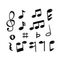 Music notes hand drawn vector design isolated on white background. Set of music notes icon design in doodle style Royalty Free Stock Photo