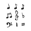 Music notes hand drawn vector design isolated on white background. Set of music notes icon design in doodle style Royalty Free Stock Photo