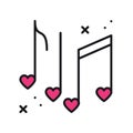 Music notes with hearts line icon. Disco, dance, nightlife, club, party theme. Happy Valentine day sign and symbol. Royalty Free Stock Photo