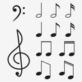 Music notes icon set and musical key. Treble clef sign. Vector.