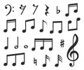 Music notes. Musical melody black note icons. Modern graphic elements for musicals, instrumental scores or songs Royalty Free Stock Photo