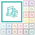 Music notes outline flat color icons with quadrant frames