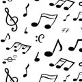 Music notes pattern. Seamless texture of hand drawn musical symbols. Black sound signs on white background. Calligraphic Royalty Free Stock Photo