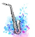 Music notes and saxophone on watercolor background