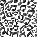 Music notes seamless pattern, musical theme repeating vector background, with hand drawn lines textures. Royalty Free Stock Photo