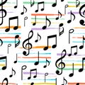 Music notes seamless pattern with paint stripes. Vector illustration