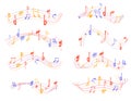 Music notes sign shape set in grunge set. Hand drawn colorful melody symbol sketch silhuette for posters