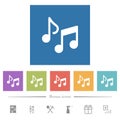 Music notes solid flat white icons in square backgrounds