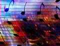 Music notes in space with stars. abstract color background. Music concept. Royalty Free Stock Photo