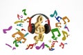 Music notes splash from headphone with music symbol on white background.3D illustration. Royalty Free Stock Photo