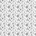 Music notes and symbols seamless pattern design. Fully editable fill and background color.