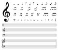 Music notes vector icon set. Note symbol. Treble clef, bass, sharp, natural, flat, measure, bar, stave, five line staff, scale.