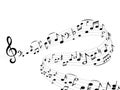 Music notes wave. Abstract swirl musical note treble clef silhouettes harmony stave vector composition Royalty Free Stock Photo