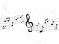 Music notes wave. Curve lines with musical signs. Sound recording stripes. Piano melody signature. Decorative treble
