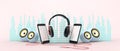 Music online listening Playlist Enjoy listen Creative concept and two smartphone with headphone and speaker on Pink background