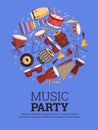 Music party banner or poster mockup, flat cartoon vector illustration.