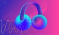 Music party or festival poster with fluorescent headphones stylized illustration in pink and blue gradient neon colors Royalty Free Stock Photo