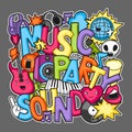 Music party kawaii design. Musical instruments, symbols and objects in cartoon style