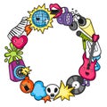 Music party kawaii frame. Musical instruments, symbols and objects in cartoon style