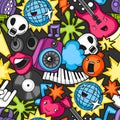 Music party kawaii seamless pattern. Musical instruments, symbols and objects in cartoon style