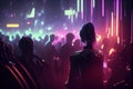 Music party people dancing in night club. silhouettes of concert crowd in front of bright stage lights Royalty Free Stock Photo