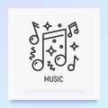 Music at party thin line icon: notes and confetti. Modern vector illustration