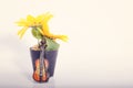 Music passion and hobby concept, violin miniature with artificial flower plant on reflection white table.