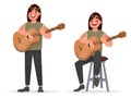 Music performance. Guitarist man is playing on an acoustic guitar and singing a song Stock illustration in cartoon style