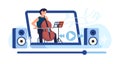 Music performer playing at online concert. Cellist performance web broadcast. Man with cello. Video player. Laptop