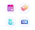 Music phone, Dollar and Calendar icons set. Education sign. Radio sound, Usd currency, Event reminder. Vector