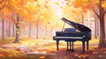 Music piano concept and nature. Surreal fall dreamscape forest and sunset and black grand piano Royalty Free Stock Photo