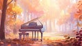 Music piano concept and nature. Surreal fall dreamscape forest and sunset and black grand piano