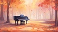 Music piano concept and nature. Surreal fall dreamscape forest and sunset and black grand piano