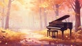 Music piano concept and nature. Surreal fall dreamscape forest and sunset and black grand piano Royalty Free Stock Photo
