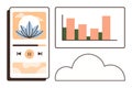 Mobile app interface with music player, bar chart analytics, and cloud storage design elements Royalty Free Stock Photo