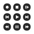 Music player buttons. Play icon, stop pause record and next song button vector icons set