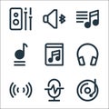 Music player interface line icons. linear set. quality vector line set such as music player, microphone, headphone, music book,