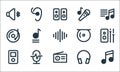 Music player interface line icons. linear set. quality vector line set such as music, radio, headphone, microphone, music player, Royalty Free Stock Photo