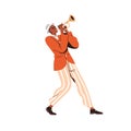 Music player performing jazz, blues. Black man playing trumpet. African-American musician with wind instrument in hands