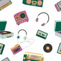 music players pattern. sound gadgets, gramophone, cartoon retro vintage music recorders, tape recorder. vector cartoon Royalty Free Stock Photo