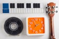 Music playing instrument set practice time. Clock time for Music lesson pratice.